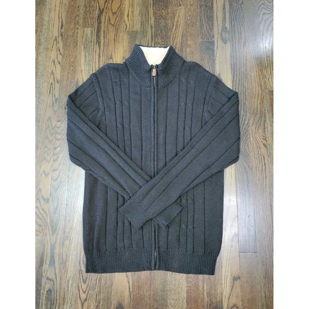 Oscar De La Renta Cable Knit Cardigan Men's L Dark Brown Full Zip Mock Neck EUC